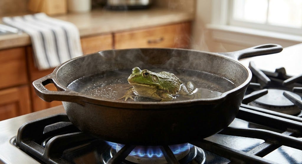 frog in a frying pan with water frog in a frying pan with water
