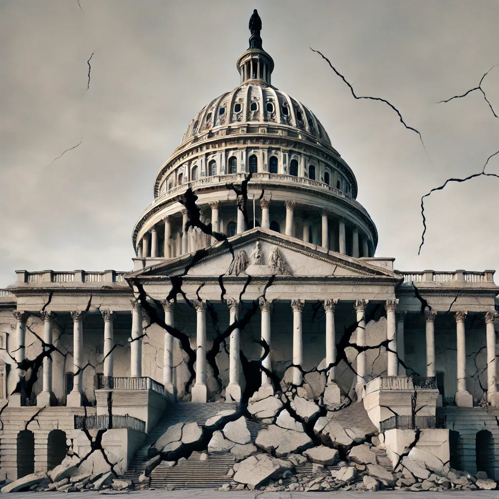 A symbolic image of the U.S. Capitol building with visible cracks and erosion on its facade, symbolizing perceived failings and systemic issues within the political structure. The colors are muted, giving a solemn, critical tone to the scene. The sky is overcast, enhancing the mood of decline and decay.