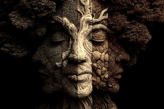 Artwork of a human face divided into four textured sections — stone, wood, clay, and earth — symbolizing the four Yugas (ages of time) in Hindu cosmology and their shifting states of consciousness.