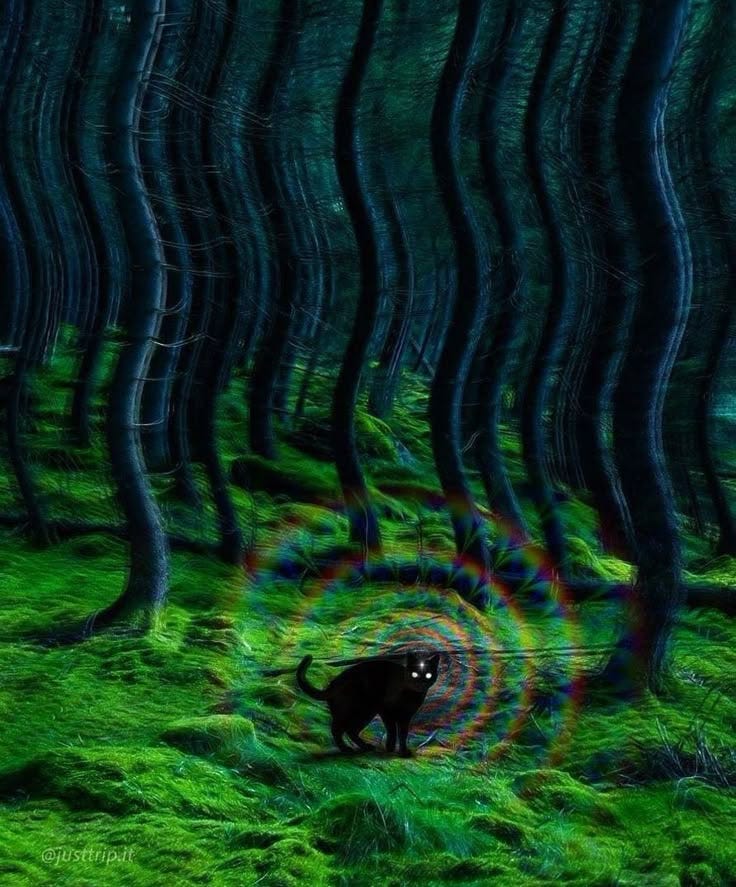 This may contain: a black bear standing in the middle of a forest filled with green grass and trees