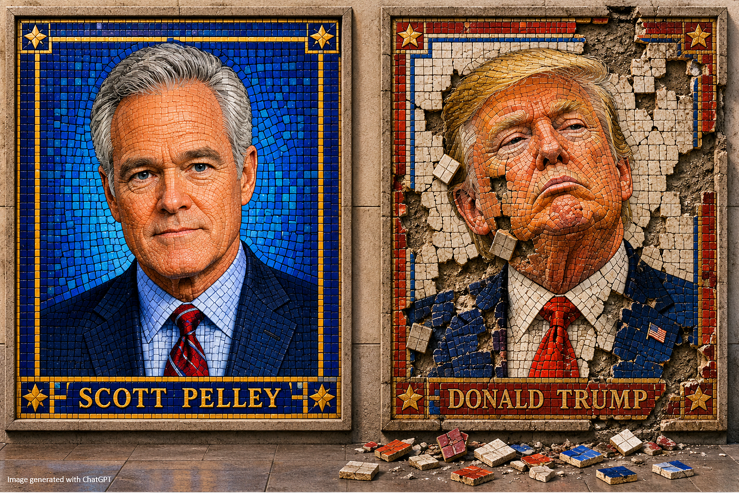 Two tile portraits on wall, one of former CBS Correspondent Scott Pelley, the other of Donald Trump. The Scott Pelley portrait is pristine and perfect. The Donald Trump portrait has loose tiles, some dislodged tiles on the floor, and is in much worse shape. Two tile portraits on wall, one of former CBS Correspondent Scott Pelley, the other of Donald Trump. The Scott Pelley portrait is pristine and perfect. The Donald Trump portrait has loose tiles, some dislodged tiles on the floor, and is in much worse shape.