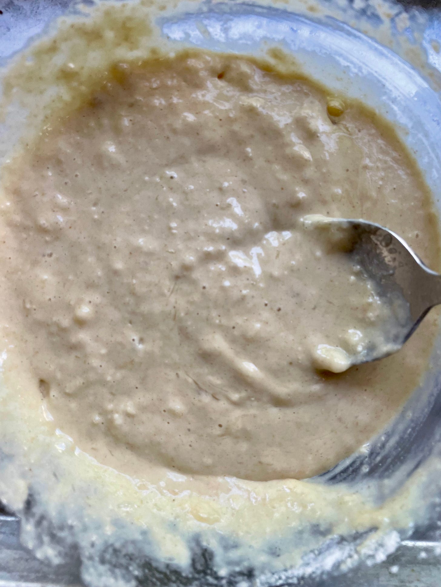 a round bowl of pancake batter