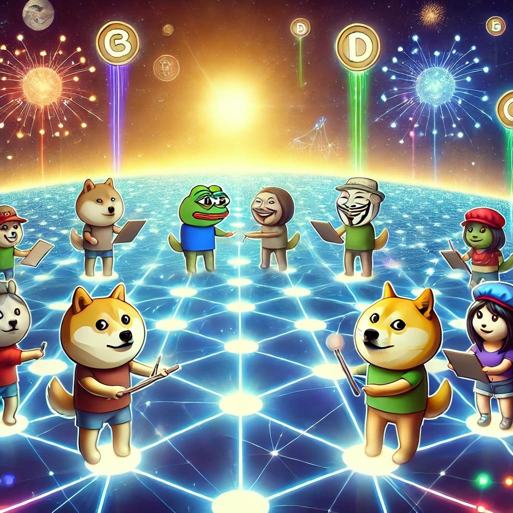 A digital illustration showing characters inspired by popular memecoins like Doge and Pepe collaborating on a vast, interconnected platform. The platform is dynamic, with glowing nodes and pathways symbolizing the network effect of contributions. Each character is engaged in adding unique elements, symbolizing creativity, innovation, and collective growth. The background is expansive and futuristic, evoking endless possibilities. No text or symbols included.
