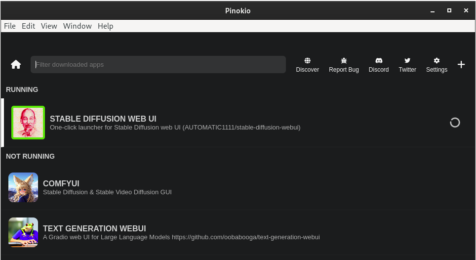 Pinokio – Installed AI tools view