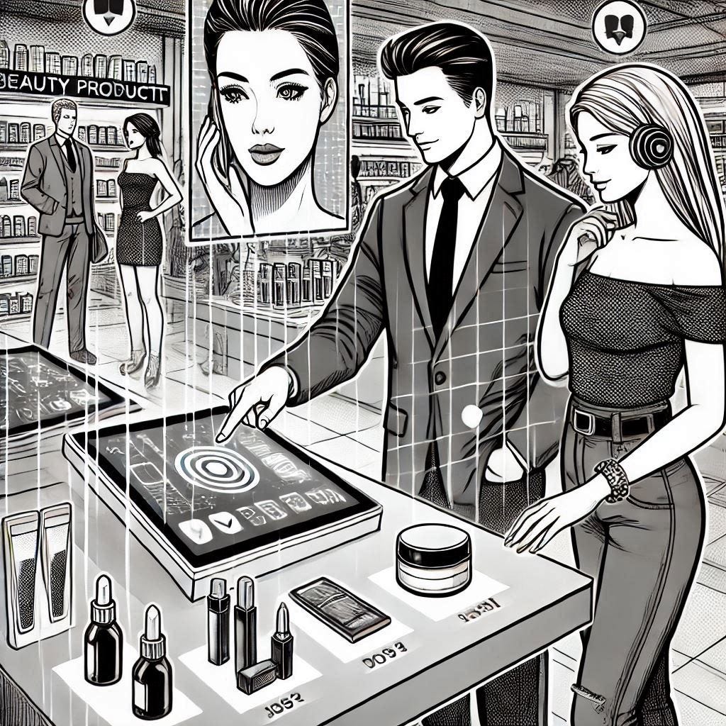 Create an image of female and male shoppers trying beauty products in a technologically advanced beauty store. The shoppers should interact with each other. There should be holograms of models and products in the background. The style should be black and white comic book or manga style. No text anywhere.