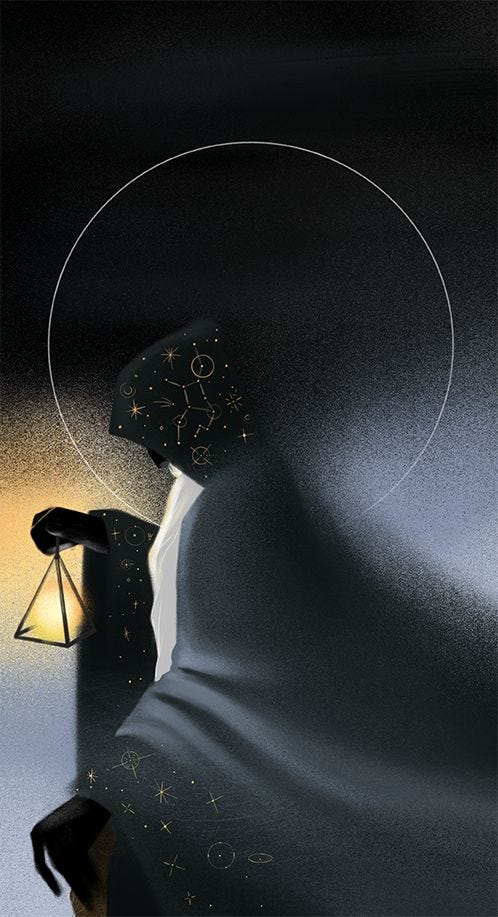 A figure with a long white beard in a black hooded robe holds a pyramid shaped lantern. On the robe are celestial bodies and constellations. The background of the illustration is all black with one white outline of a circle. A figure with a long white beard in a black hooded robe holds a pyramid shaped lantern. On the robe are celestial bodies and constellations. The background of the illustration is all black with one white outline of a circle.