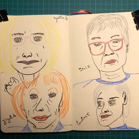 Photos des 3 doubles-pages de mon sketchbook où j’ai dessiné les 13 portraits de la session.