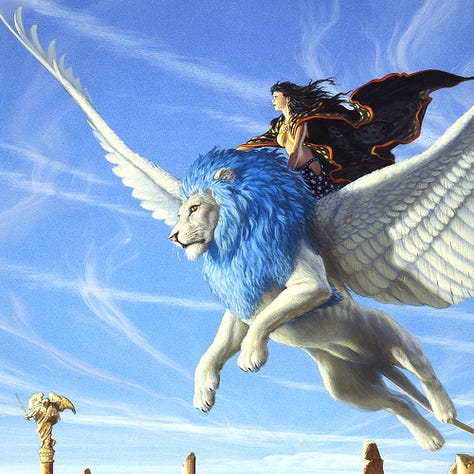 LEFT: Detail of DELIRIUM'S MISTRESS featuring a raven haired young woman riding on the back of a winged white lion with powder blue mane. Her patterned cloak, black trimmed with red, billows as it catches the wind. The background sky is traced with upward drifting wisps of clouds. CENTER: Lion creature sketches. Graphite pencil on paper - 11" x 8 ½". One figure shows it perched on hind legs ready to leap upward. The other shows it with wings wide and four paws approaching a delicate landing. RIGHT: Close detail of DELIRIUM'S MISTRESS featuring the young woman leaning forward to grip the powder blue mane of the lion. It's white feathery wings are spread wide as is scans the ground below. The rider's eyes are focused in the distance as her black cloak trimmed with red billows. The cloak is speckled with golden orbs. A rounded jewel sits upon her chest where the fabric of her top crosses to cup her breasts. Her arms and midriff are bare, and her skirts ride low on her hip with an opening at the side. The fabric is patterned with pale red dots mixed with larger starbursts.