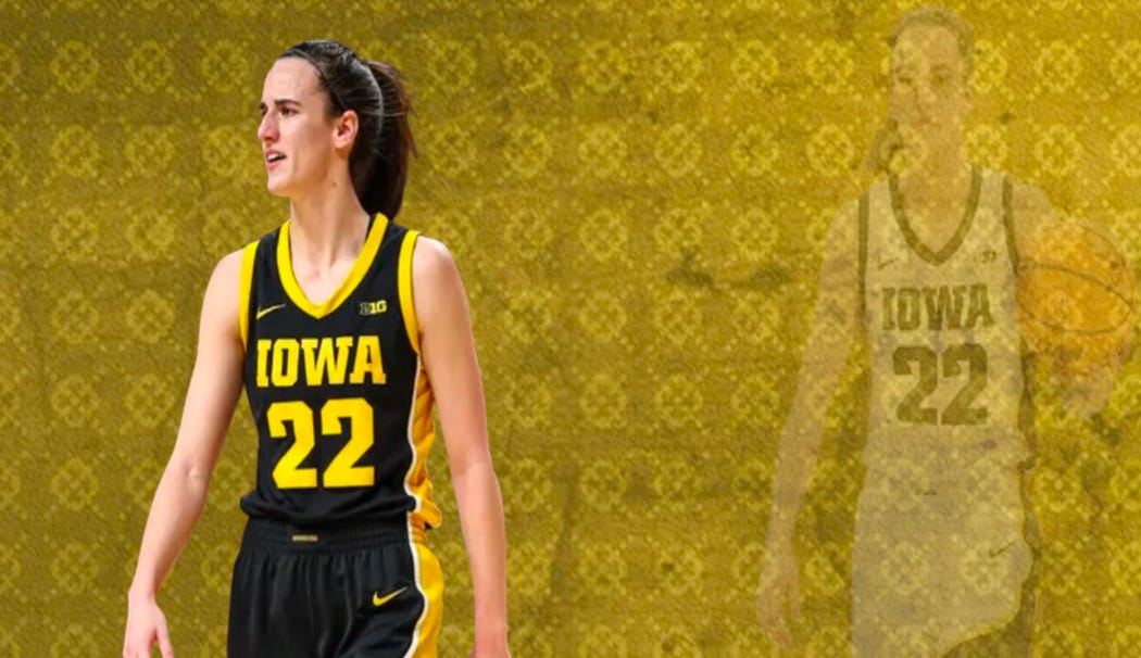 Caitlin Clark standing in front of yellow wallpaper with another, semi-transparent Caitlin Clark in the wallpaper