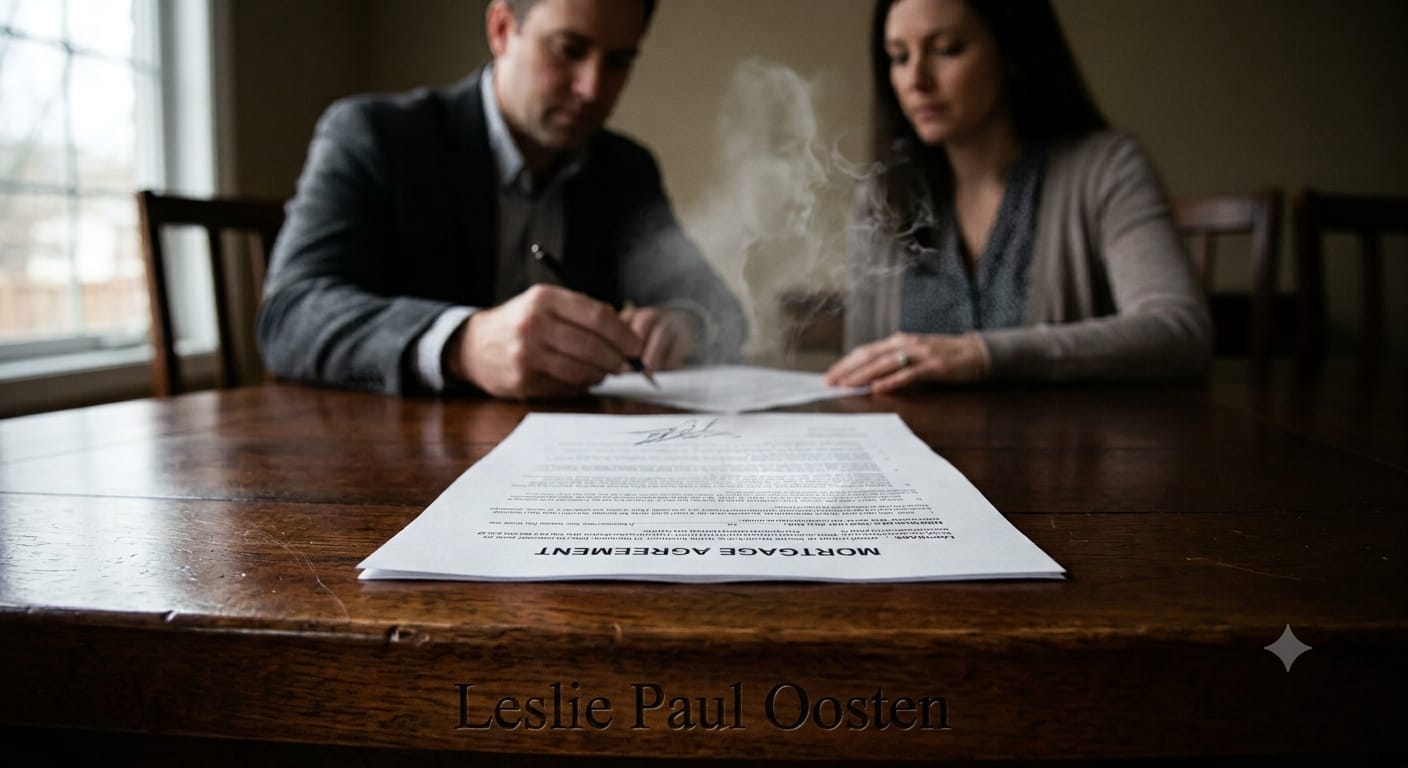 A close-up, low-angle photograph focusing on a "MORTGAGE AGREEMENT" document centered on a dark wooden table. A man, sitting in the background and out of focus, is signing a second document. To his right, a woman is seated, also out of focus, looking down at the paperwork. Wisps of white smoke rise mysteriously from between the two people, just above the signing spot. The scene is lit by natural light from a window, emphasizing the contrast between the sharp legal text and the hazy background action.