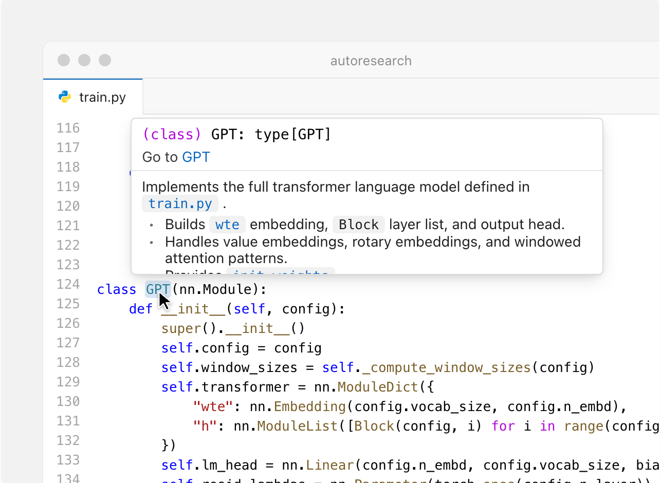 Devin Desktop's file editor showing a Python file with inline type information and a Go to Definition popover. Devin Desktop's file editor showing a Python file with inline type information and a Go to Definition popover.