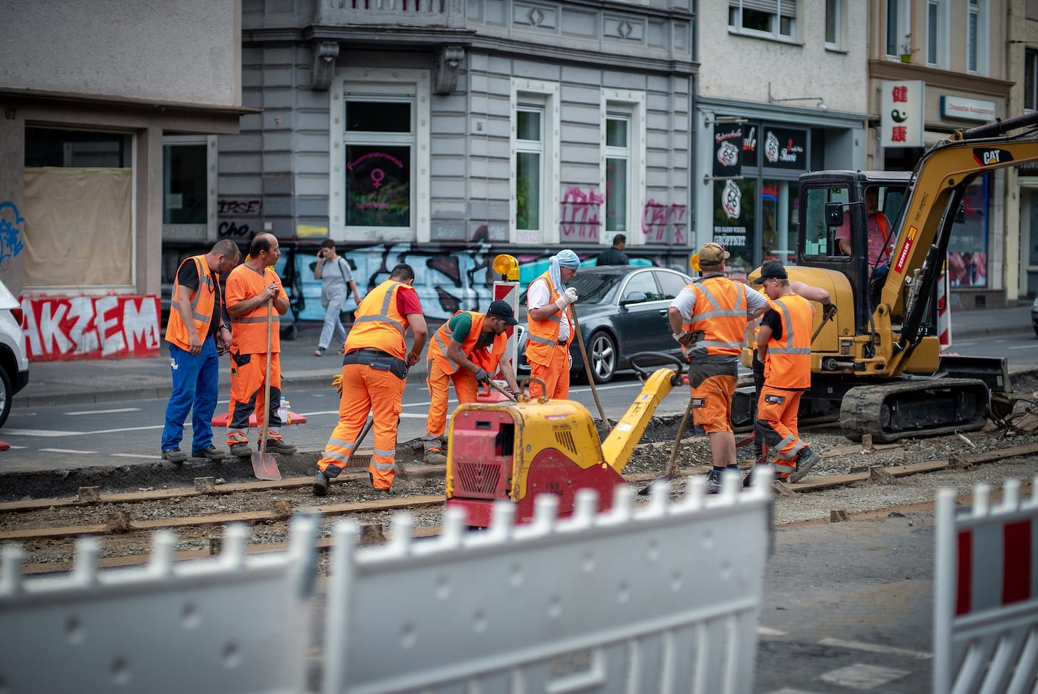Roadworks to put new tram tracks on the street. Roadworks to put new tram tracks on the street.