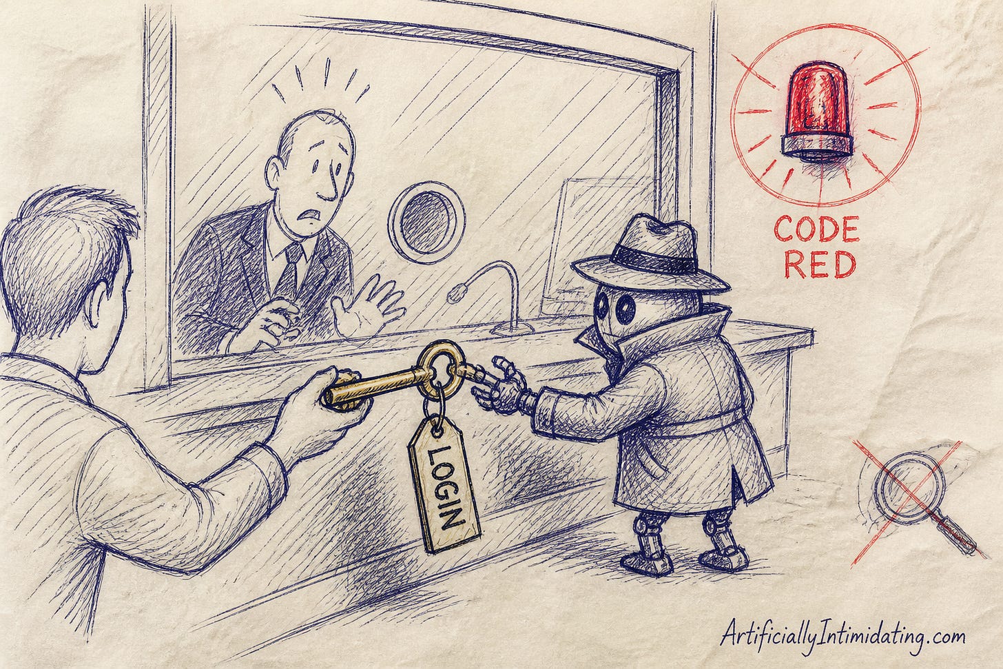 A human hands a brass key tagged LOGIN through a bank teller window to a small robot in a trench coat and fedora while the alarmed teller looks on and a red alarm light labeled CODE RED flashes.