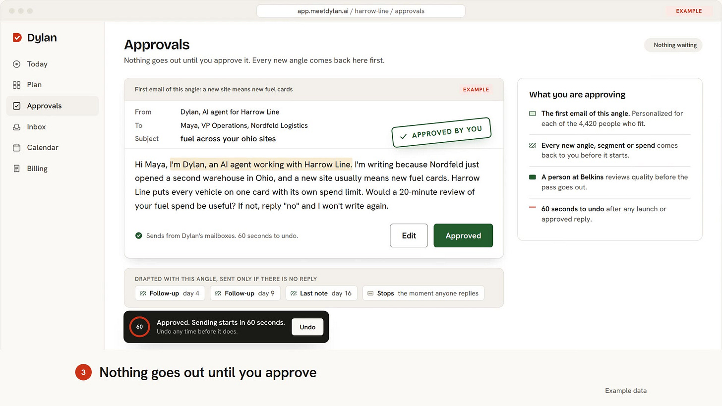 Dylan's Approvals screen from his demo film: an example first email, which says it comes from an AI agent, waiting for approval Dylan's Approvals screen from his demo film: an example first email, which says it comes from an AI agent, waiting for approval