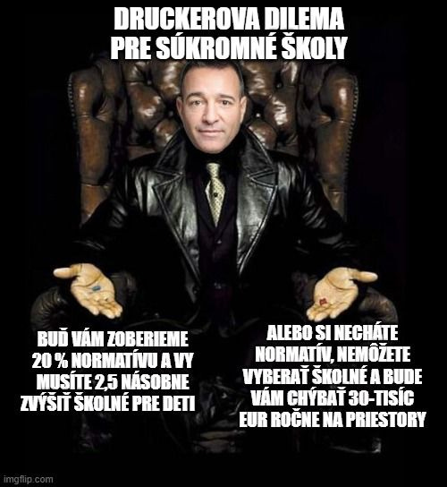 Na obrázku môže byť 1 osoba a text, v ktorom sa píše „DRUCKEROVA DILEMA PRE SÚKROMNÉ ŠKOLY BUD VÁM ZOBERIEME 20 % NORMATIVU A AVY MUSÍTE 2,5 NÁSOBNE ZVYŠI ŠKOLNÉ PRE DETI DET ALEBO SI NECHÁTE NORMATÍV, NEMOŽETE VYBERAT ŠKOLNÉ A BUDE VÁM CHÝBAT 30-TISÍC EUR ROČNE NA PRIESTORY“