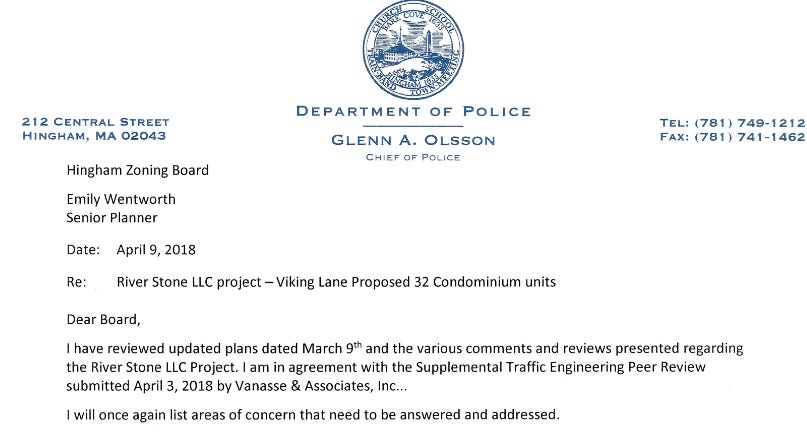 Letter from Hingham Chief of Police on town letterhead to the Hingham Zoning Board and Senior Planner from April 2018, about the "River Stone LLC" project. The part of the letter in the screenshot ends: "I will once again list areas of concern that need to be answered and addressed."