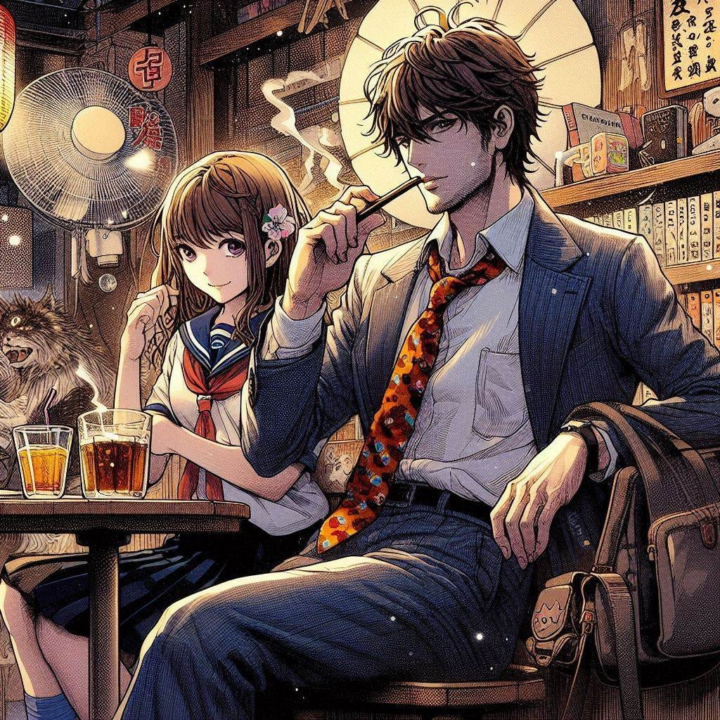  [SAFE] male writer in yakuza hideout, combining manga and impressionistic style, whimsical, [SAFE] school girl in yakuza hideout, combining manga and impressionistic style, whimsical,