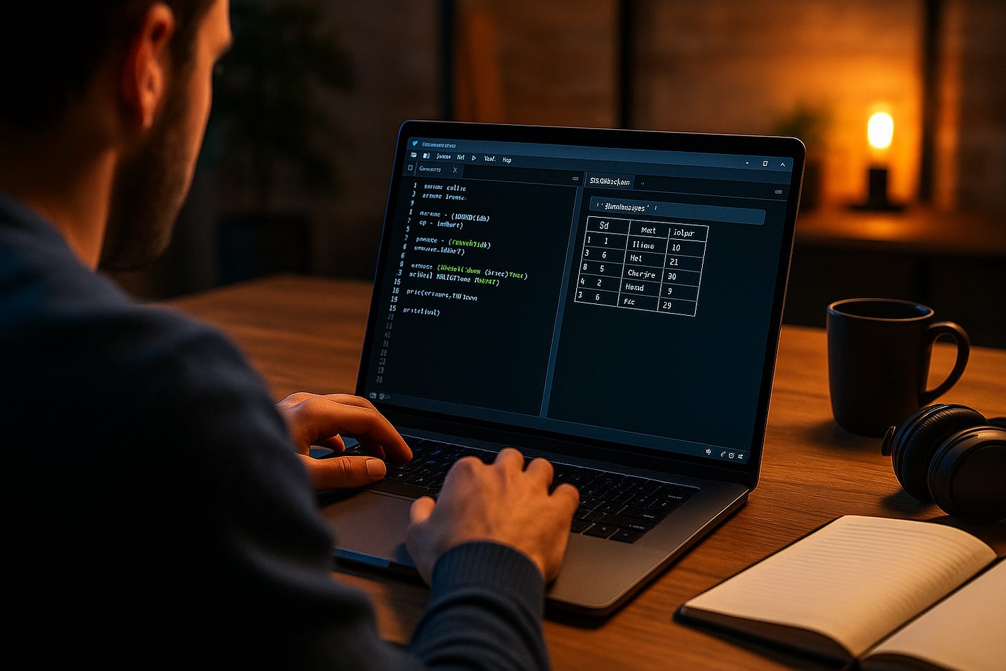 Developer working on SQLite and Python code in a startup workspace with laptop, notebook, and coffee mug. Developer working on SQLite and Python code in a startup workspace with laptop, notebook, and coffee mug.