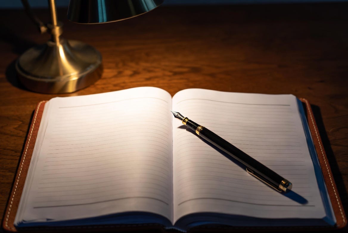 An open leather-bound accounting ledger with two completely blank pages on a dark desk, a fountain pen resting across the empty ruled lines under a single desk lamp. An open leather-bound accounting ledger with two completely blank pages on a dark desk, a fountain pen resting across the empty ruled lines under a single desk lamp.