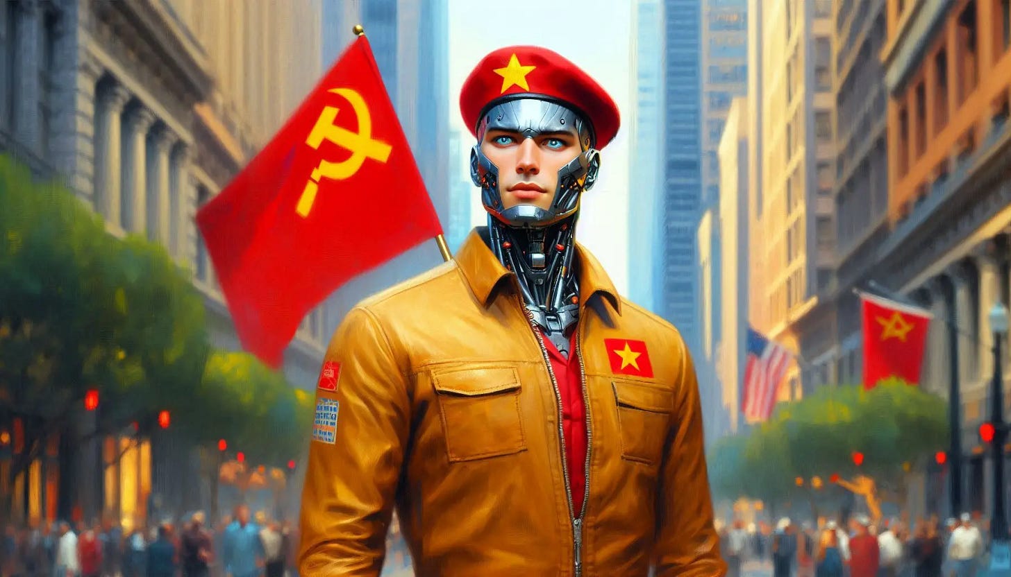 A handsome male cyborg wears a 70s-style Mao jacket, a red beret, and holds a red flag with a yellow star of David on it. It stands in downtown San Francisco. Slight impressionist style. A handsome male cyborg wears a 70s-style Mao jacket, a red beret, and holds a red flag with a yellow star of David on it. It stands in downtown San Francisco. Slight impressionist style.