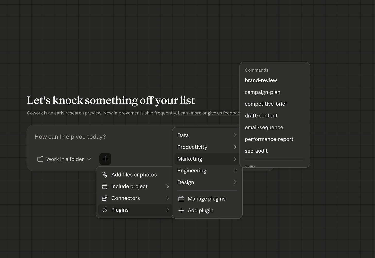 Plugins UI with Marketing selected