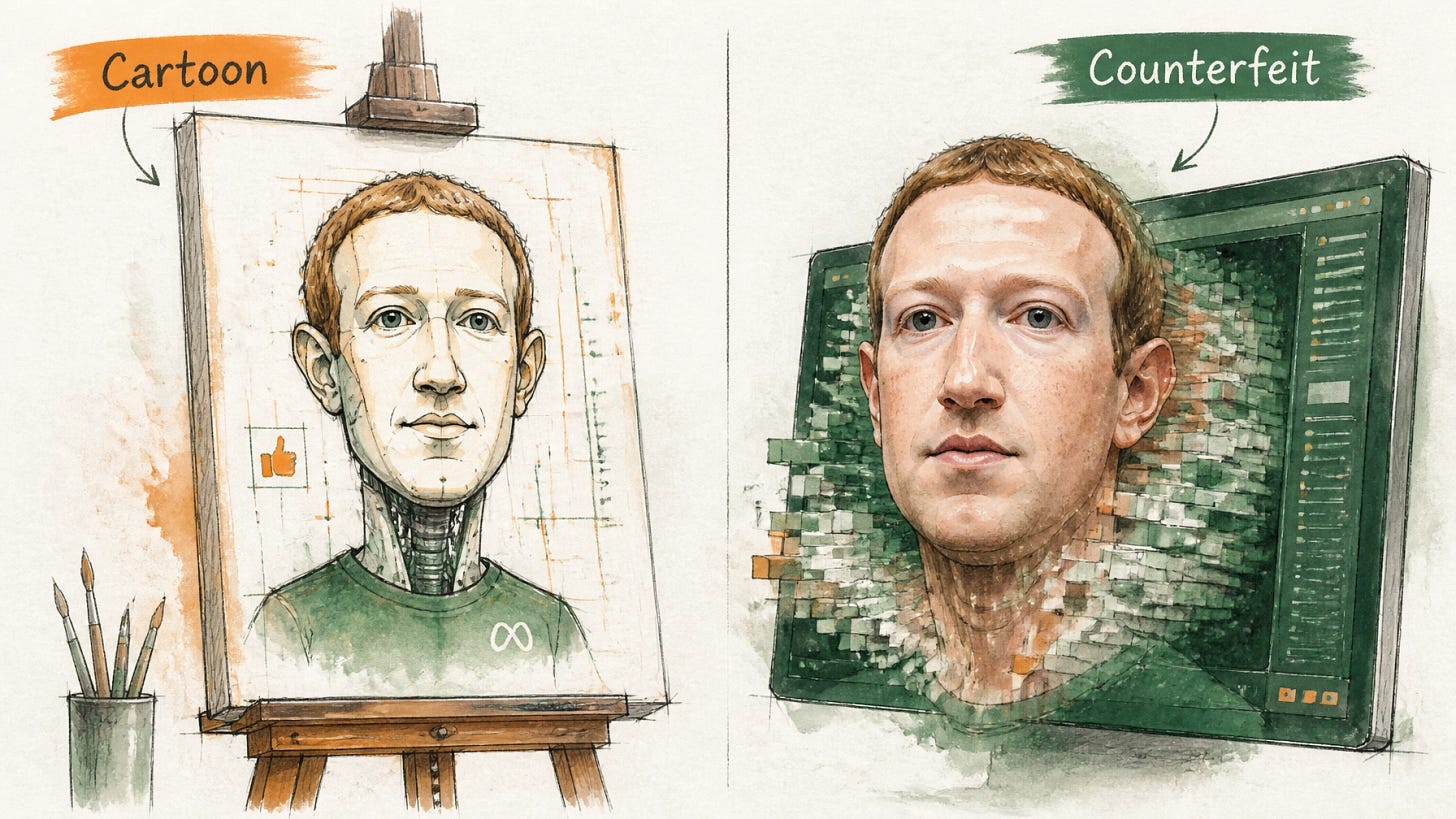 Split illustration contrasting a hand-drawn "Cartoon" of Zuckerberg with a photorealistic AI "Counterfeit" copy of the same face.