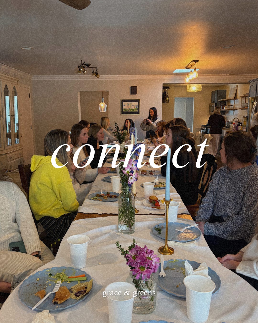 connect graphic with a bunch of girls enjoying brunch around the table