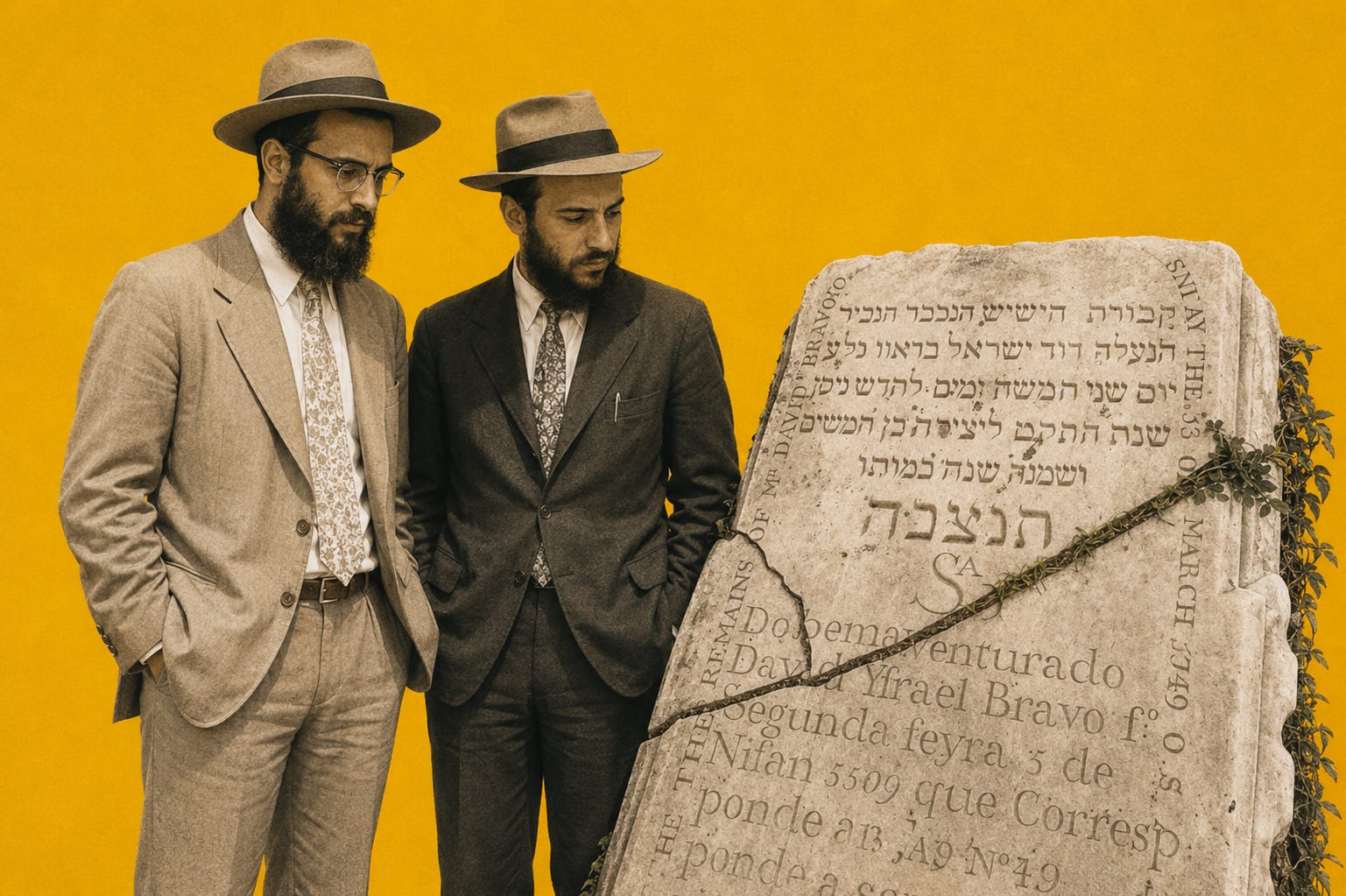 A stylised editorial illustration inspired by Jamaica’s Sephardic Jewish history, featuring two traditionally dressed Jewish men beside a centuries old gravestone bearing Hebrew and Spanish inscriptions once found in Jamaica’s historic Jewish cemeteries. The image reflects themes of migration, memory, exile, and the enduring legacy of Jewish life in the Caribbean.