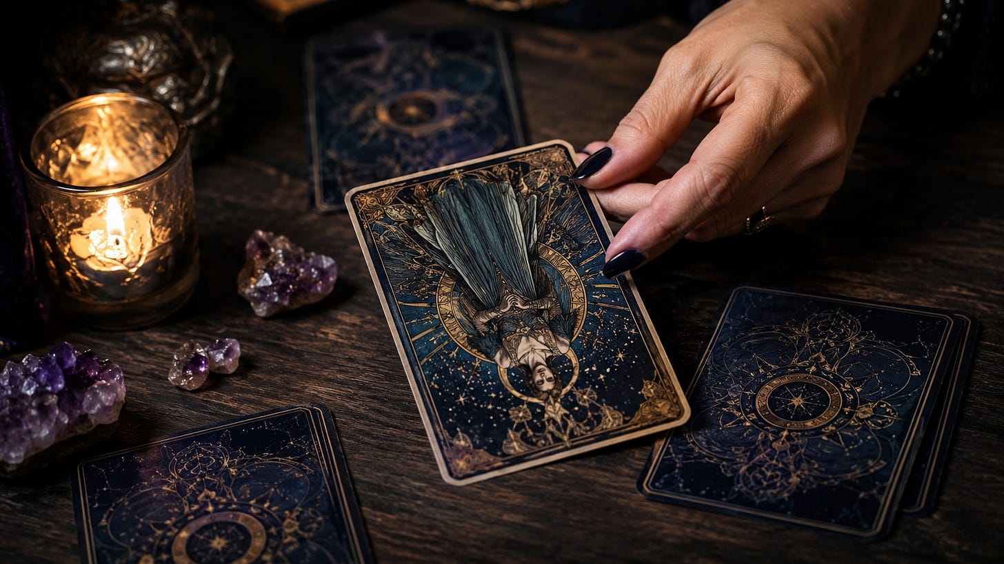 A hand turning a tarot card face up on a wooden table beside candles and amethyst crystals.