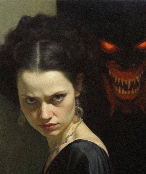 This may contain: a painting of a woman in front of a scary monster with her hand on her chest