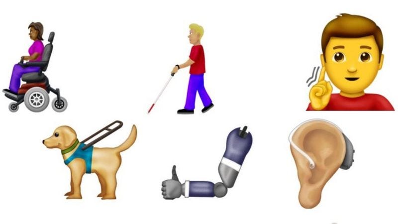 Emoji dedicate al mondo dell'accessibilità: una persona in sedia a rotelle, una persona cieca con bastone bianco, una che si indica l'orecchio con il dito, un cane da assistenza, una protesi per il braccio, il dettaglio di un'orecchia con un apparecchio acustico. Emoji dedicate al mondo dell'accessibilità: una persona in sedia a rotelle, una persona cieca con bastone bianco, una che si indica l'orecchio con il dito, un cane da assistenza, una protesi per il braccio, il dettaglio di un'orecchia con un apparecchio acustico.