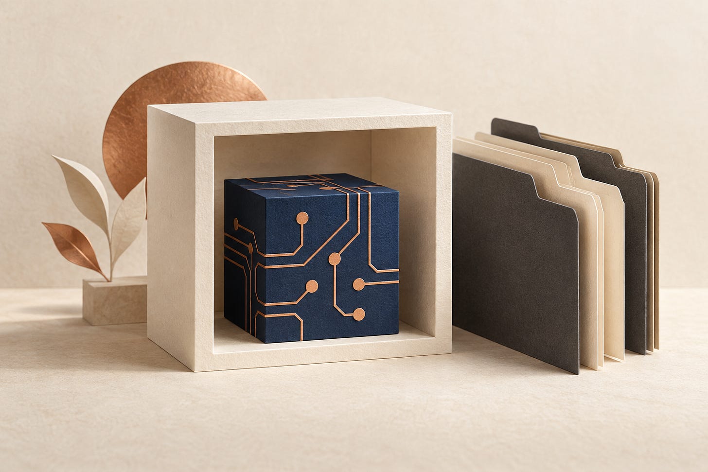 Paper illustration of a navy circuit-patterned cube inside an ivory frame beside blank file folders. Paper illustration of a navy circuit-patterned cube inside an ivory frame beside blank file folders.