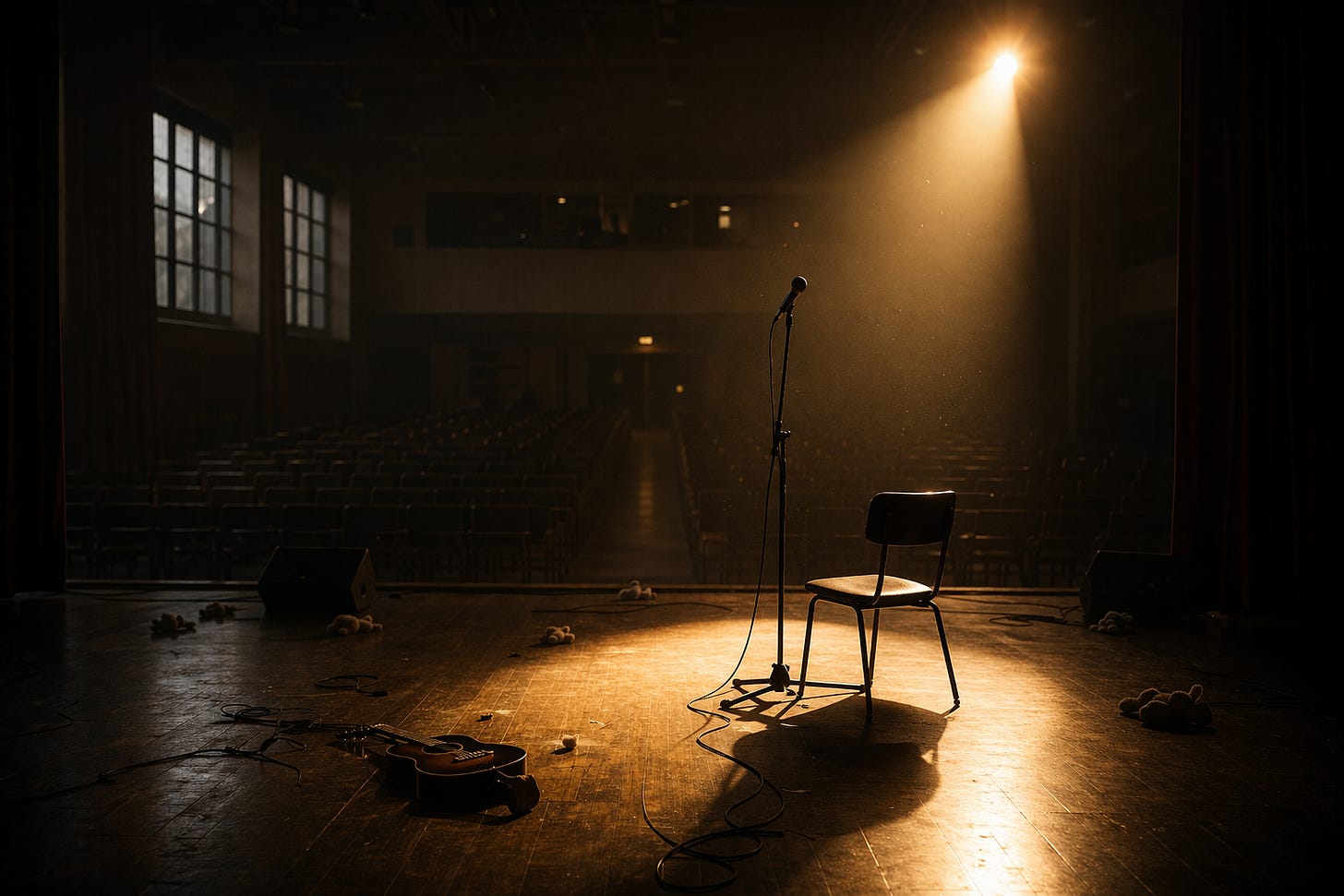 Leere Bühne in einem dunklen Veranstaltungssaal. Ein einzelner Stuhl und ein Mikrofonstativ stehen im Lichtkegel eines Scheinwerfers. Auf dem Holzboden daneben eine Akustikgitarre und verstreute Kabel. Im Hintergrund leere Zuschauerreihen und ein Fenster. Stimmungsvolle, melancholische Atmosphäre.