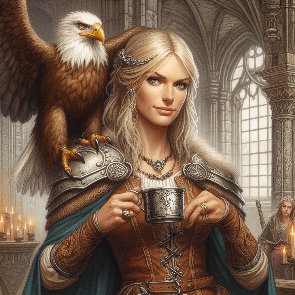 blonde medieval 35-year old woman in a castle chamber with eagle on shoulder and holding teacup, dungeons and dragons fantasy drawing