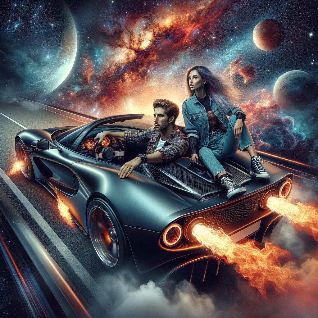 A dynamic scene featuring a couple driving a sports car through space, with fire blazing from the exhausts. The couple, a man and a woman, share a look of exhilaration and adventure, both dressed in trendy, casual outfits that suit the high-energy setting. The sports car is a striking, futuristic model, its design sleek and eye-catching, with flames dramatically shooting out from its exhausts. The space background is a mesmerizing tapestry of stars, nebulae, and distant galaxies, adding an epic scale to the scene. The image captures the thrill and fantasy of speeding through the cosmos in a high-powered vehicle. A dynamic scene featuring a couple driving a sports car through space, with fire blazing from the exhausts. The couple, a man and a woman, share a look of exhilaration and adventure, both dressed in trendy, casual outfits that suit the high-energy setting. The sports car is a striking, futuristic model, its design sleek and eye-catching, with flames dramatically shooting out from its exhausts. The space background is a mesmerizing tapestry of stars, nebulae, and distant galaxies, adding an epic scale to the scene. The image captures the thrill and fantasy of speeding through the cosmos in a high-powered vehicle.