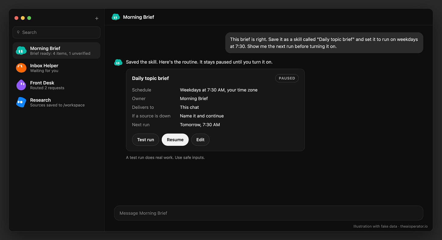 Dark Grok Bot-style chat mockup: the user asks Morning Brief to save a skill and schedule it, and the bot shows a paused routine card for Daily topic brief, weekdays at 7:30 AM, with Test run, Resume and Edit buttons. Illustration with fake data.