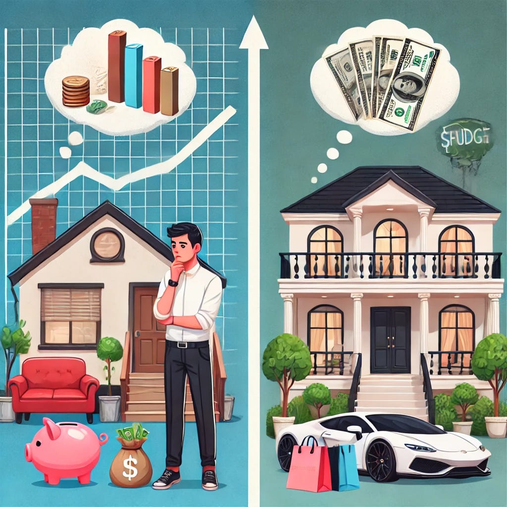A comparison image illustrating 'lifestyle inflation.' On one side, a person is living in a modest home with simple furniture, symbols of savings like a piggy bank, a budget book, and a growing chart. On the other side, the same person has upgraded to a luxury mansion with high-end furniture, a luxury car, shopping bags, and a credit card bill. The person looks thoughtful, holding money, highlighting the financial choices. The contrast between modest living and luxury lifestyle should be clear and illustrative.