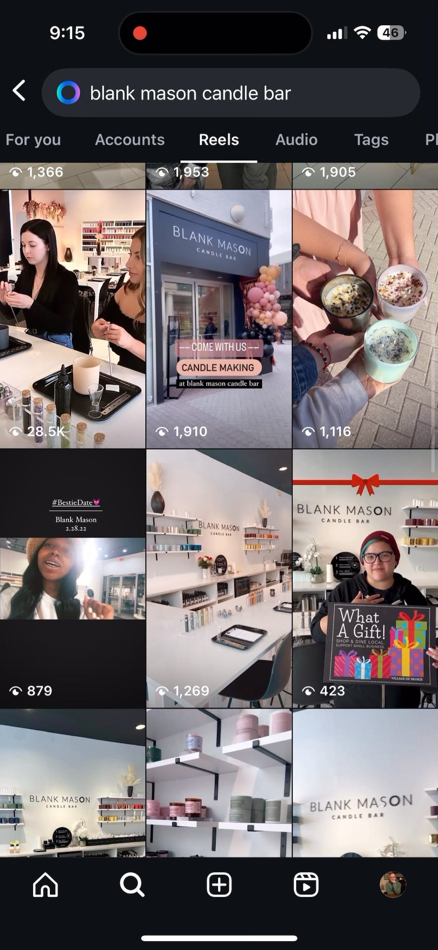 Screenshot of TikTok search results for 'blank mason candle bar' showing a grid of 9 video thumbnails. The videos showcase the candle-making experience, store interior, and products, with view counts visible ranging from several hundred to 28.9K views.
