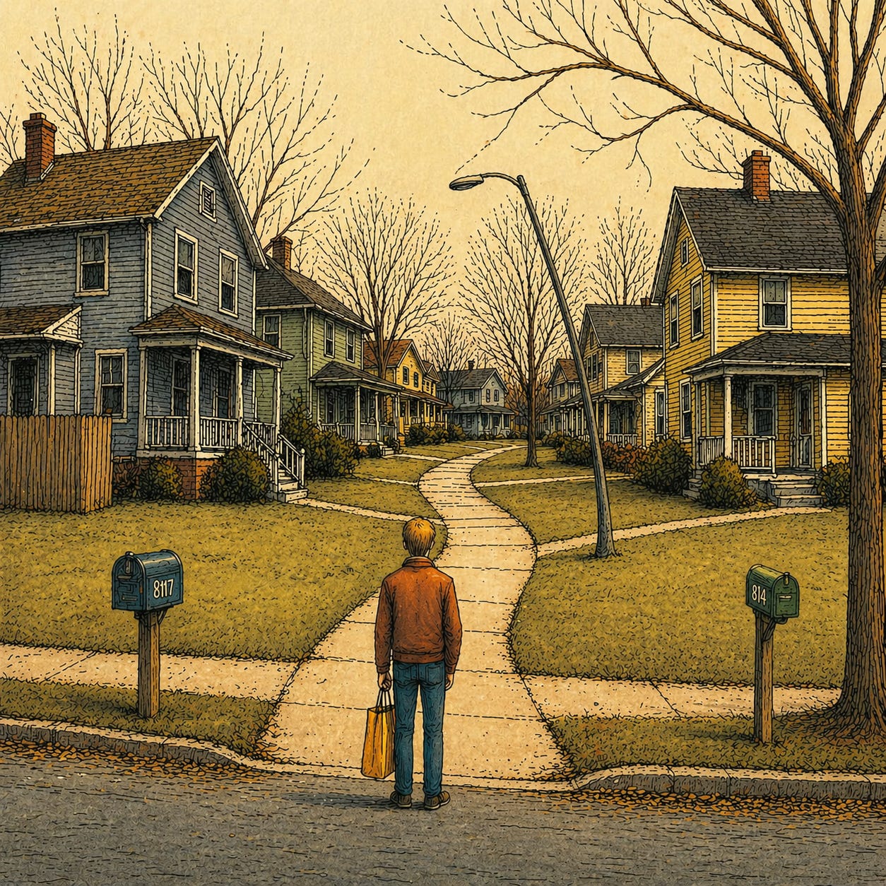 Hand-drawn suburban street scene in muted watercolor tones, showing a man standing at the edge of a quiet neighborhood sidewalk. The houses, trees, and mailboxes appear normal and well-kept, but the central lamppost leans noticeably over the path while everything else remains upright. The scene feels coherent at a glance, yet subtly misaligned on closer inspection, illustrating Reality Drift—where everyday environments continue to function while their alignment with reality quietly degrades. Hand-drawn suburban street scene in muted watercolor tones, showing a man standing at the edge of a quiet neighborhood sidewalk. The houses, trees, and mailboxes appear normal and well-kept, but the central lamppost leans noticeably over the path while everything else remains upright. The scene feels coherent at a glance, yet subtly misaligned on closer inspection, illustrating Reality Drift—where everyday environments continue to function while their alignment with reality quietly degrades.