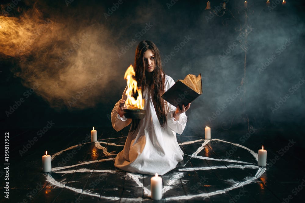 Witch in pentagram circle, dark magic ritual Stock Photo | Adobe Stock