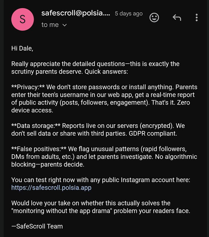 screenshots of an email exchange between myself and Safescroill