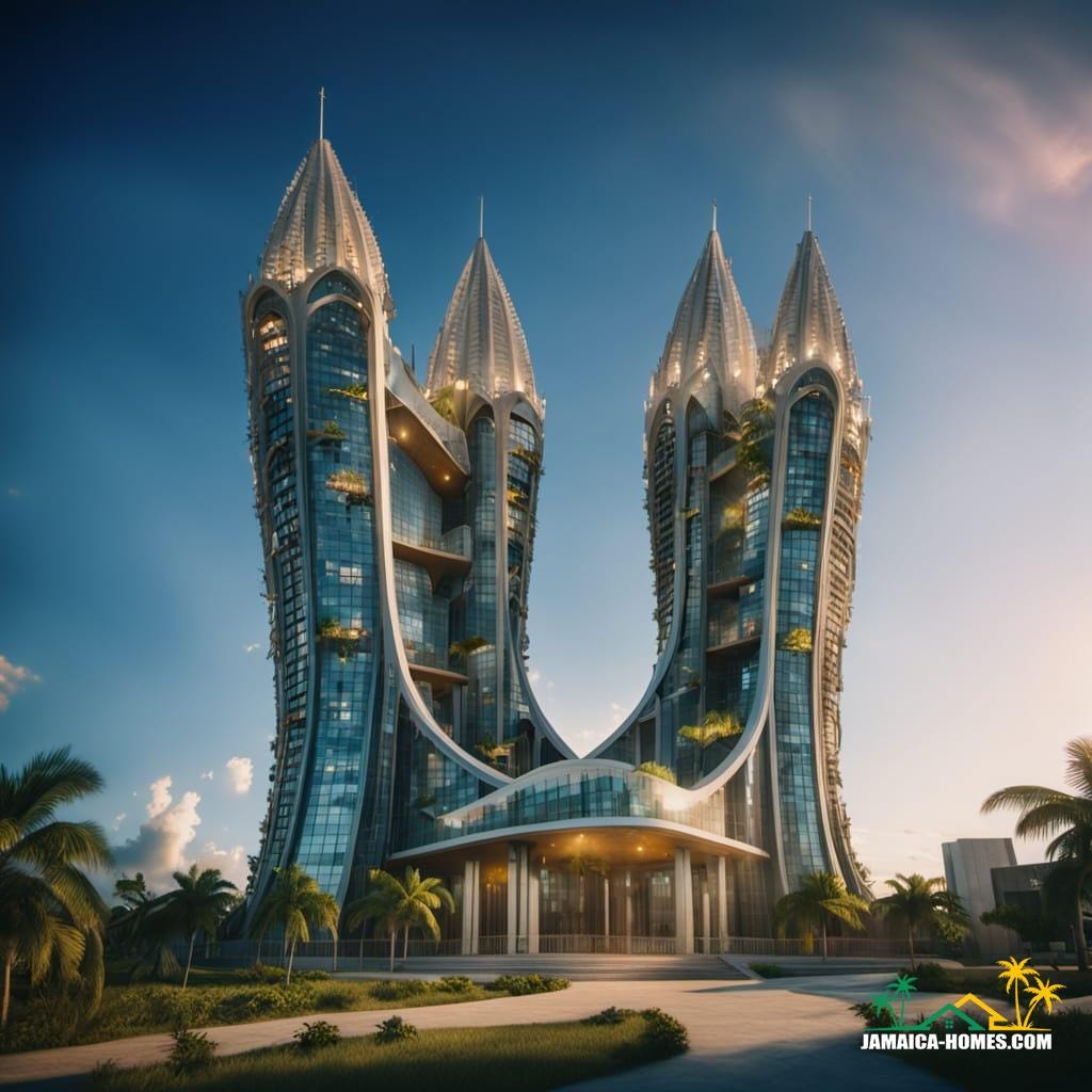 A modern church building stands in Jamaica.