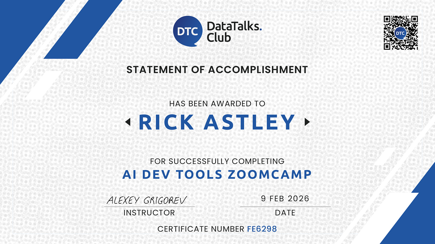 A 2025 AI Dev Tools Zoomcamp statement of accomplishment awarded to Rick Astley