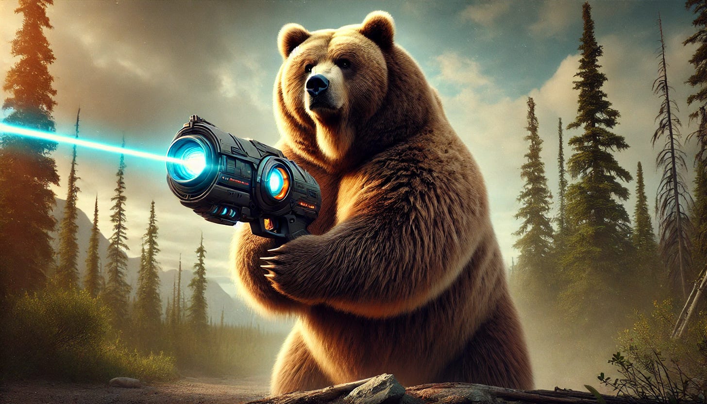 A powerful Kodiak bear standing on its hind legs, gripping a futuristic laser pistol in one paw. The bear is massive, with thick fur and an imposing stance. The laser pistol is sleek, with a glowing energy core, emitting a faint light. The background is a rugged wilderness, with tall trees and a hint of mountains in the distance, under a dramatic sky. The scene captures the strength and intensity of the bear, blending the natural with the high-tech.