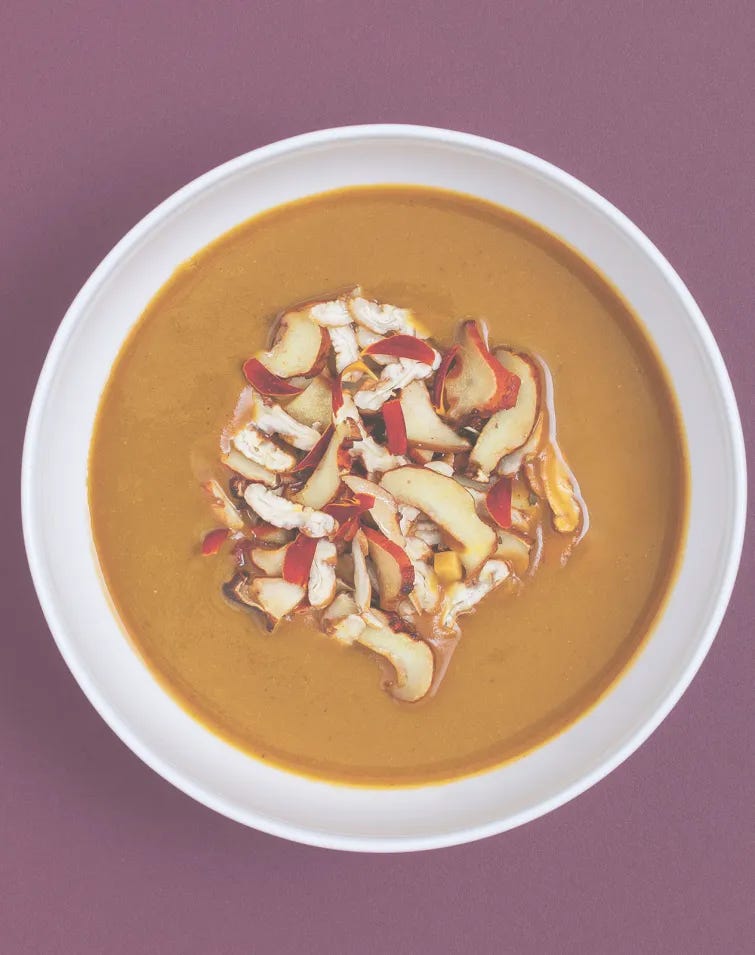 Sweet Potato Miso Soup garnished with mushrooms Sweet Potato Miso Soup garnished with mushrooms