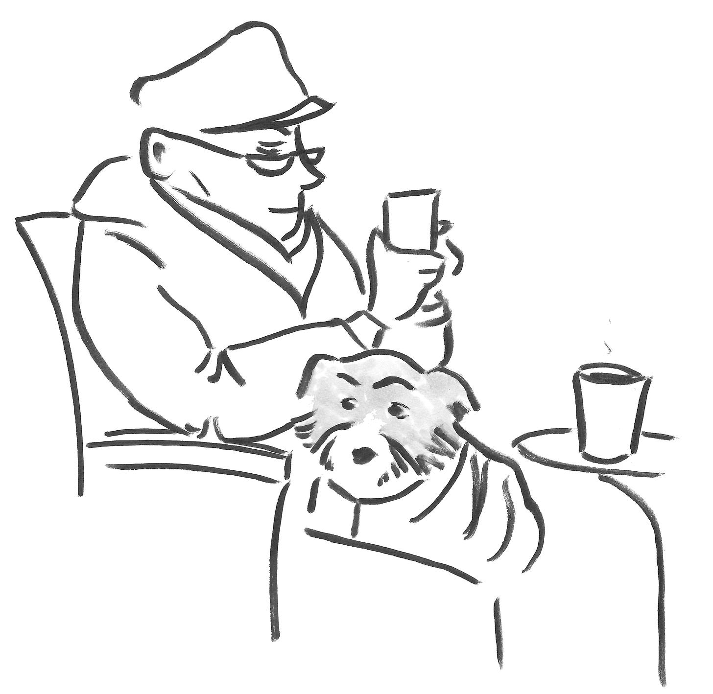 A man, bundled up, with a cup of coffee on a nearby table and a scruffy dog in his lap.