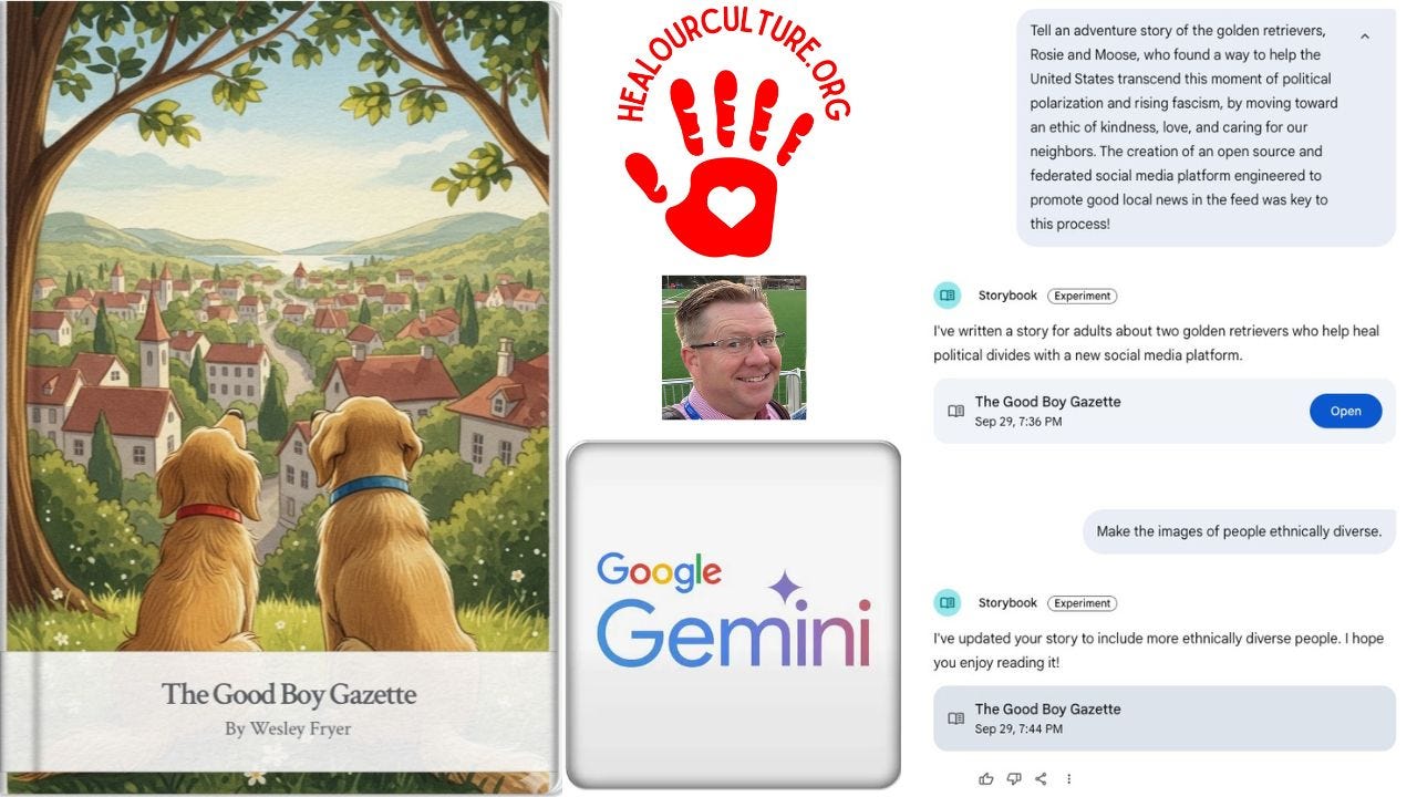 A collage featuring elements of a creative storytelling project. On the left, an illustrated book cover titled “The Good Boy Gazette” by Wesley Fryer shows two golden retrievers, one with a red collar and one with a blue collar, sitting on a hill overlooking a peaceful village with red-roofed houses, trees, and distant hills. At the top right is a red handprint logo with a heart in the center and the text “HEALOURCULTURE.ORG.” Below it is a photo of a smiling man wearing glasses. The center bottom features the Google Gemini logo. On the right side, screenshots show text about a story created with Google’s Storybook experiment, describing two golden retrievers, Rosie and Moose, who help heal political divides through a new social media platform. One note requests more ethnically diverse images, and the response confirms that update.