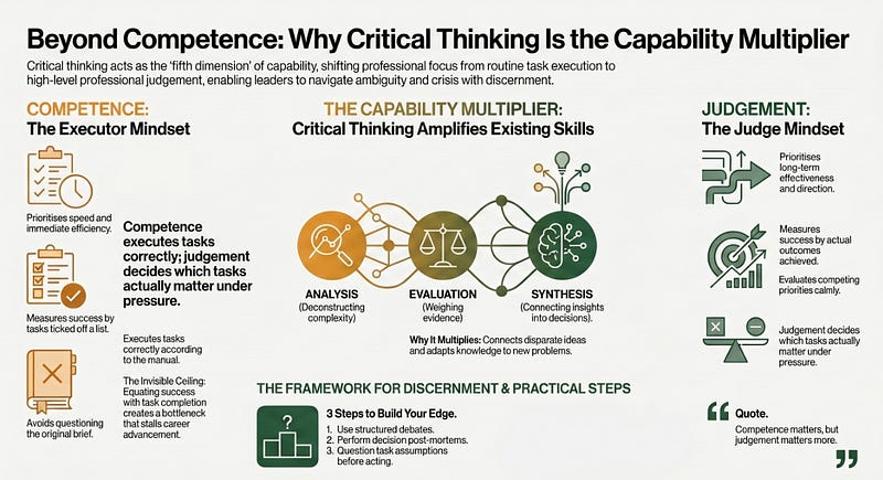 Infographic illustrating critical thinking as a capability multiplier, contrasting task competence with professional judgement and outlining the elements of analysis, evaluation, and synthesis.