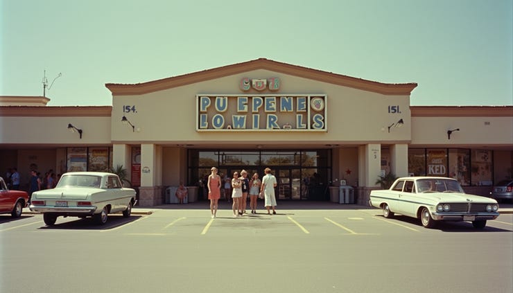 Eye-level view of a bustling suburban shopping mall entrance in the 1960s