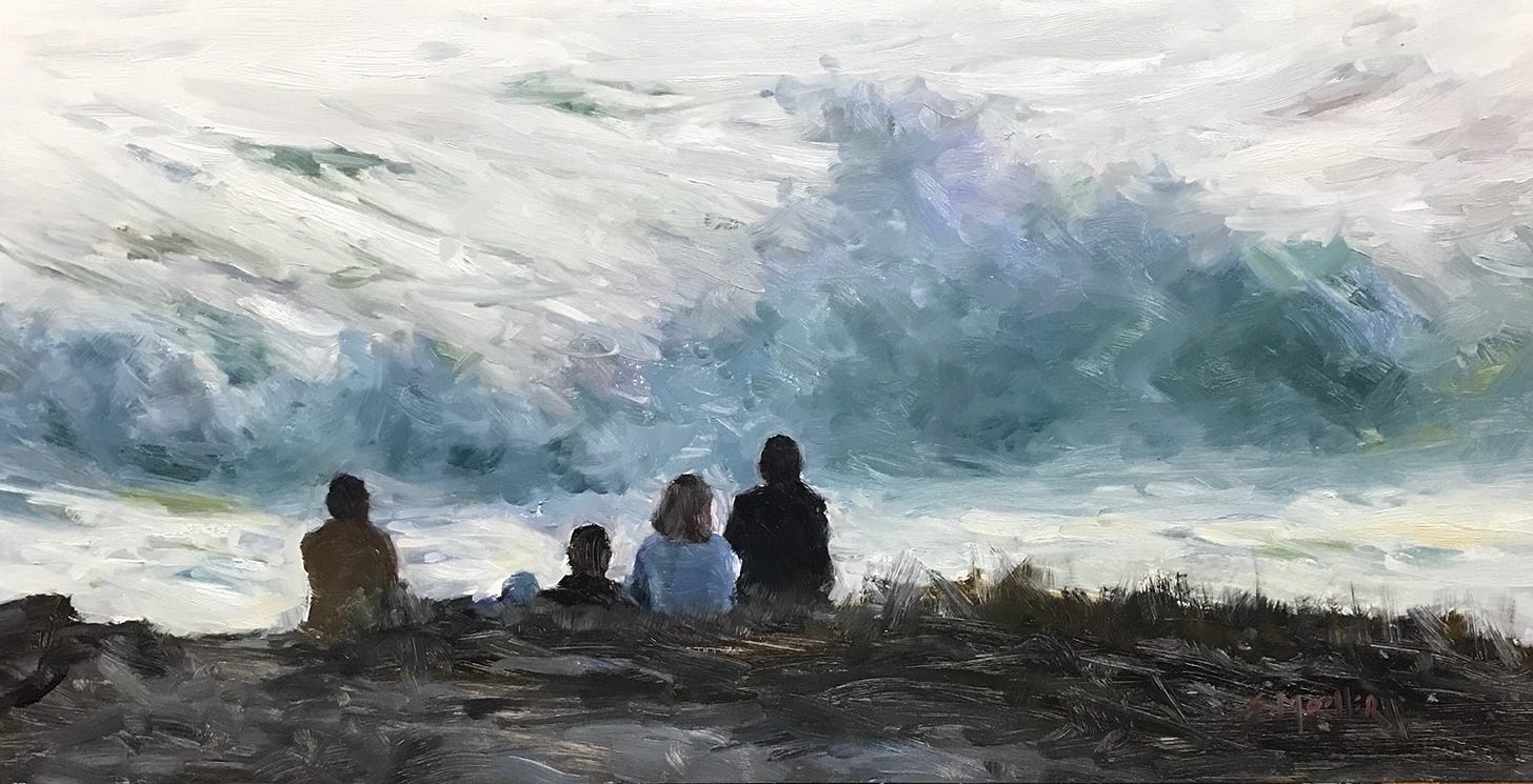 A group of people sitting on a rocky shore looking at a large wave

Description automatically generated